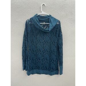Ruff Hewn Gray Womens Top Size Medium Teal Long Sleeve Sheer Lace Crowl Neck